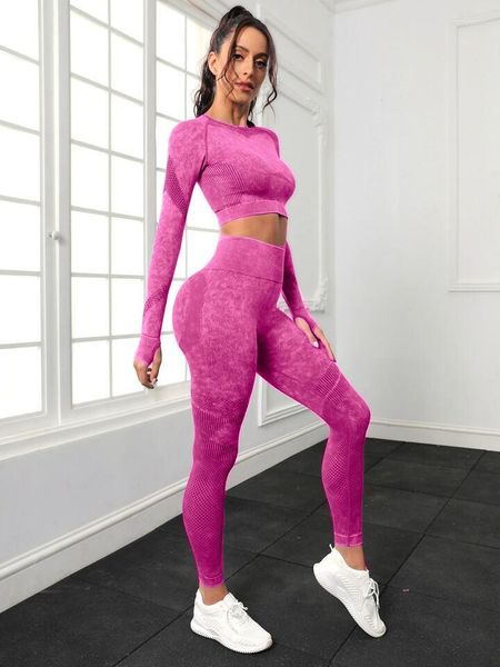 Set attivi Senza cuciture Lavato Yoga Sport Fitness Pesca Sollevamento fianchi Pantaloni a vita alta Tuta a maniche lunghe Allenamento Leggings da palestra Set per le donne