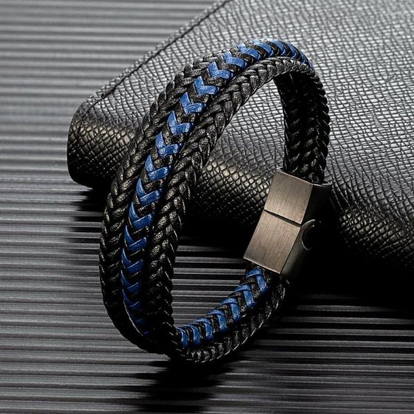 Charme pulseiras mkendn estilo simples homens multicamadas preto azul pulseira de couro fosco fivela de aço inoxidável acessórios mão-tecido jóias