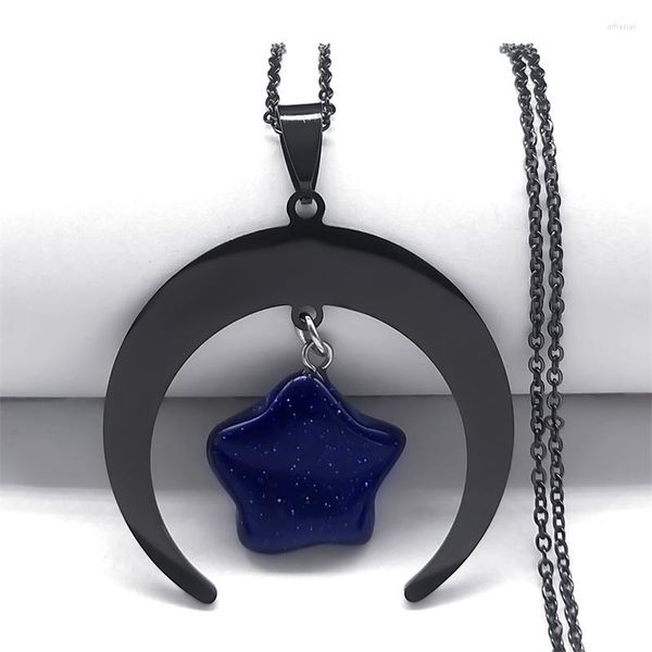 Colares Pingente Lua Crescente Pentacle Colar Para Mulheres Homens Aço Inoxidável Azul Areia Pedra Estrela Jóias Acero Inoxidável