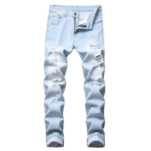 Jeans da uomo Uomo Colore chiaro Slim Fit Foro High Street Blu Non elastico Moda casual Urban Stretwear Drop Delivery Abbigliamento Abbigliamento Dhpi7