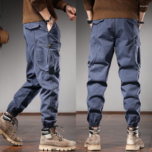 Pantaloni da uomo autunno cotone sciolto casual uomo cargo moda streetwear pantaloni blu con coulisse in vita elastica