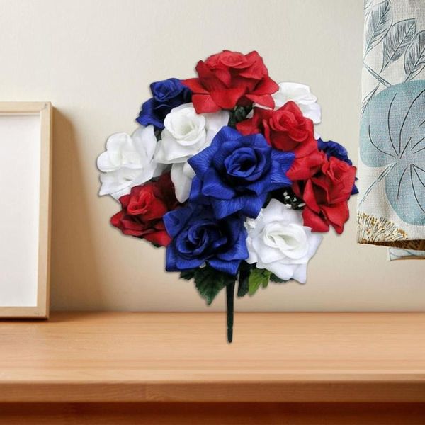 Flores decorativas 12pc hastes artificiais veias cetim rosa arbusto vermelho/branco/azul guirlanda ao ar livre para bolos de casamento