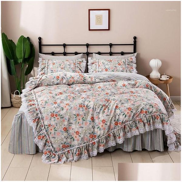 Conjuntos de cama Coreano Princesa Lace Ruffles Floral Saia-Style Set Pure Cotton Pastoral Ropa de Cama Couvre Lit Duvet Er Set1 Drop Del Otgyn