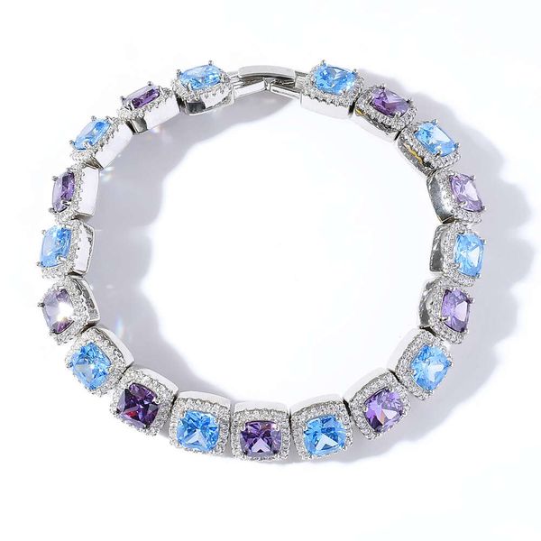 Bracciale BlingChain con zirconi blu viola colorati quadrati da 10 mm per uomo Hip Hop con catena di zucchero di ghiaccio