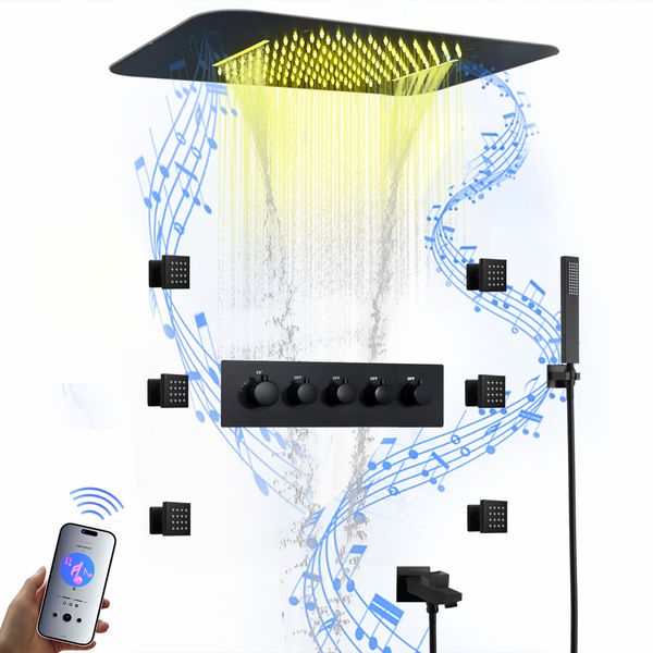 Montado no teto 23x15 Polegada chuva e cachoeira cabeça de chuveiro com música alto-falante banheiro termostática led conjunto torneira do chuveiro