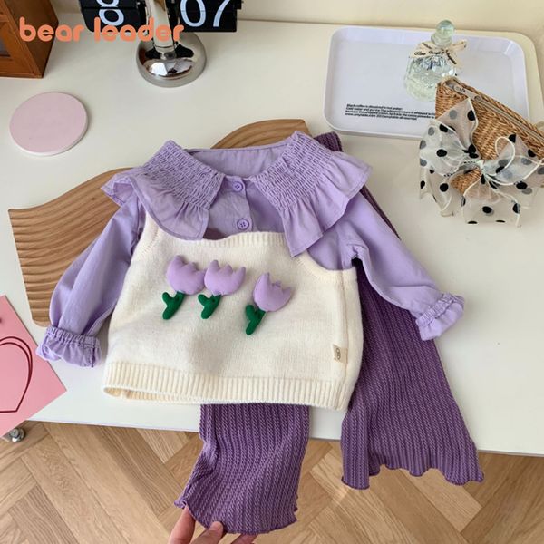 Kleidungssets Bärenführende Mädchen Mädchen Set Herbst Kinderpolar -Kragen Applique Hemdtank Toppant