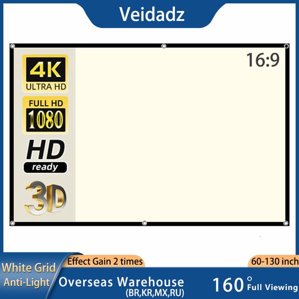 Projeksiyon Ekranları Veidadz Projektör Ekran Beyaz Grid Anti-Işık 16 9 Projeksiyon Ekranı 72 100 120 130 inç Taşınabilir Yansıtıcı Bez Kanca 230923