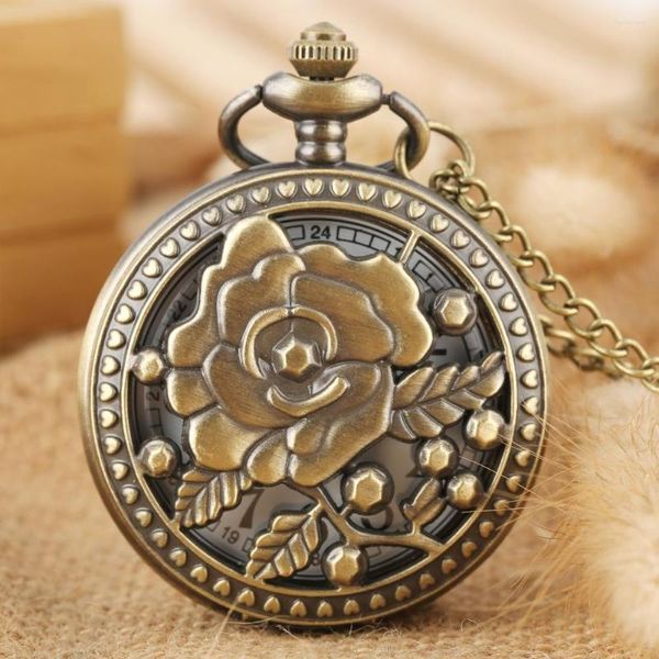 Cep Saatleri Hollow Gül Çiçek Bronz İzle Kolye Hediye Kadın Erkekler Antik Stil Kolye Kuvars Saat Yarısı