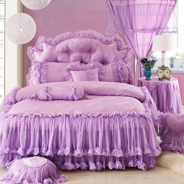 Conjuntos de cama roxo laço princesa casamento colcha 4 pcs jacquard cetim babados capa de edredão luxo algodão roupa de cama saia