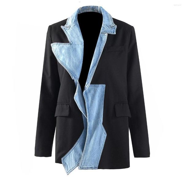 Abiti da donna SuperAen per l'autunno 2023 Blazer patchwork di jeans Moda High Street Cappotto con colletto rovesciato da donna