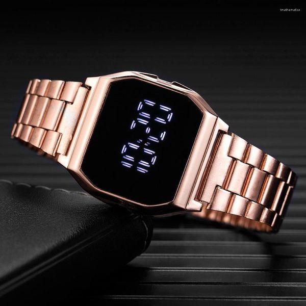 Orologi da polso Orologio digitale da donna Quadrante quadrato Bracciale in acciaio inossidabile Orologio da polso da donna a LED Moda donna in oro rosa