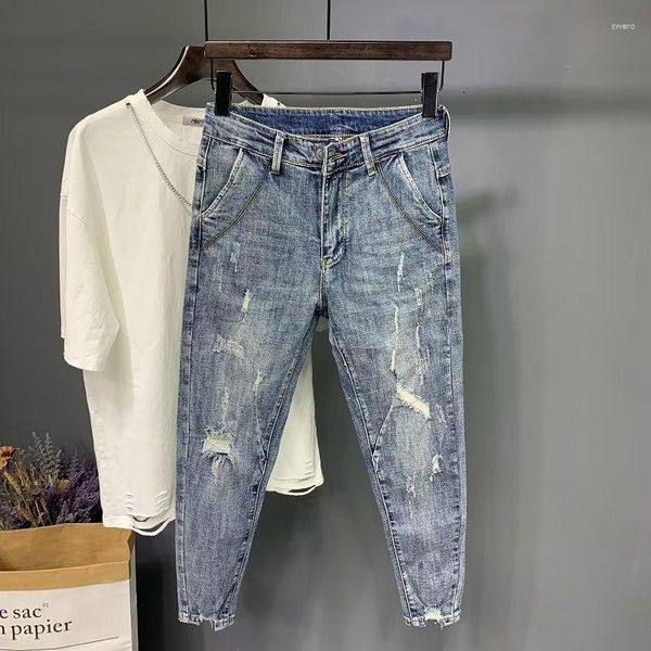 Jeans masculinos verão rasgado nove pontos moda cintura elástica magro encaixe leggings calças jeans