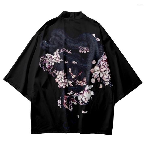 Ethnische Kleidung Mode Strickjacke Männer Frauen Strand Kimono Japanische Streetwear Stil Schlange Blumen Druck Sommer Schwarz Haori Yukata Harajuku