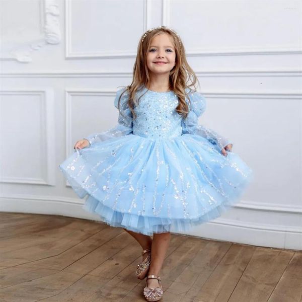 Kız Elbiseler Mavi Parlak Boncuk Çiçek Kabarık Tül Diz Uzunluğu Düğün Doğum Günü Partisi Tam Kollu Prenses Top Elbise