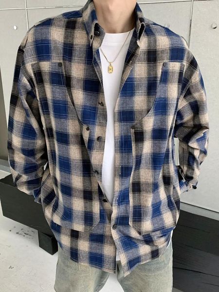 Camisas casuais masculinas BL moda luxo de alta qualidade lavada vintage xadrez camisa de manga comprida