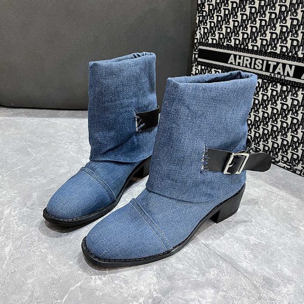 Herbst und Winter Äußere Colorblocking Gürtelschnalle Strumpfhosen Stiefel Licht Luxus Einfachen Stil Damenschuhe 1007