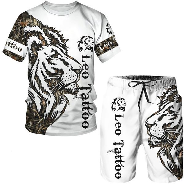 Herren-Trainingsanzüge, Sommer-Herren-Tier-Tattoo, weißes Kurzarm-T-Shirt, The Lion 3D-gedrucktes O-Ausschnitt-T-Shirt, Shorts-Anzug, lässiges Sportbekleidungs-Trainingsanzug-Set 230922