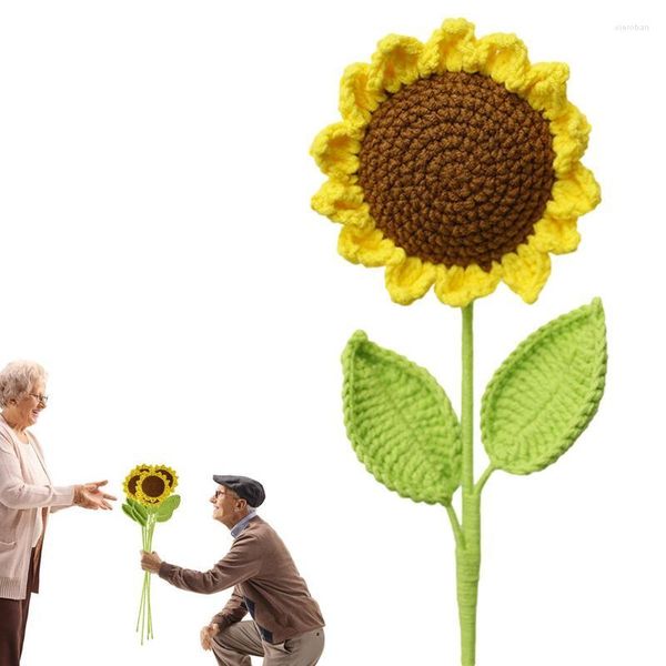 Decorative Flowers Knitting Flower Bouquet Hand Knitted Sunflower Artificial Wall Decorations Crochet Sun Home Decor