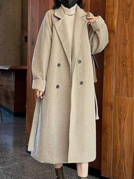 Misto lana da donna Cappotto di lana doppio petto da donna Colletto con risvolto Maniche lunghe Cappotto lungo solido Moda invernale Cappotto soprabito femminile allentato caldo 230922