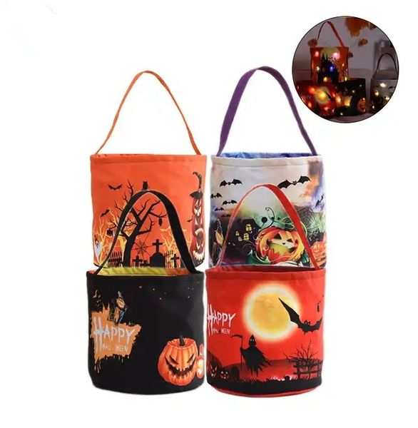 Multiuso LED Light Halloween Candy Bucket Basket Trick Treat Bags Bolsa reutilizável Sacola Cestas de presentes de doces de abóbora com alça para festa infantil