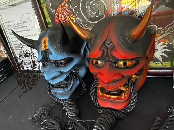 Maschere per feste in lattice adulto unisex Halloween giapponese sigillato Prajna Devil Hannya Noh Kabuki Demone Oni Samurai Maschera a pieno facciale Nero Rosso 230923