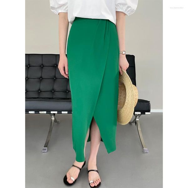 Saias femininas chiffon a linha saia versão coreana cintura alta divisão tornozelo comprimento moda cor sólida simples lazer urbano jupe