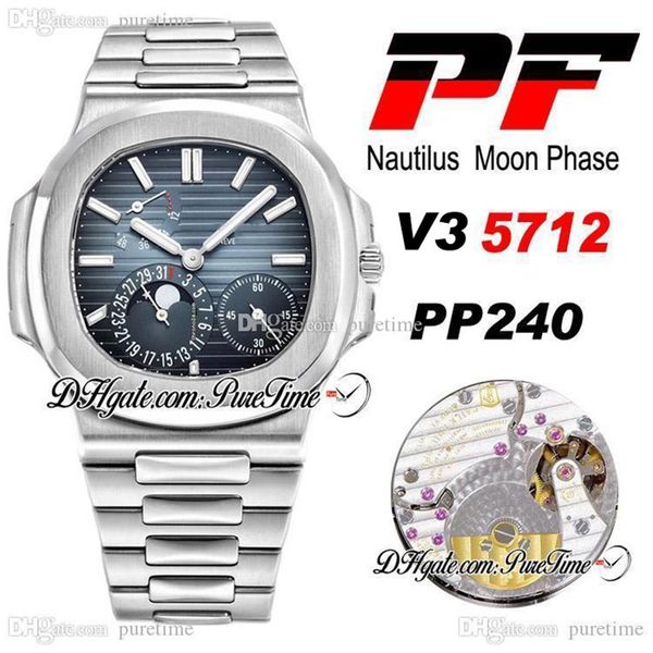 PF V3 5712 Mondphase PP240 Automatik-Herrenuhr mit Gangreserve, D-blaues Textur-Zifferblatt, Edelstahlarmband, Super Edition PTPP Pur310n