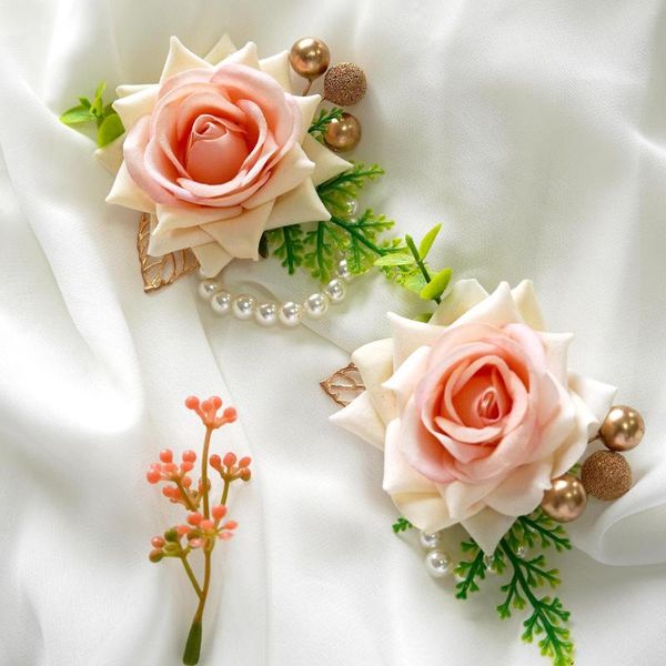 Flores decorativas yan blush rosa pulso corsage botonnier conjunto para homens mulheres noiva dama de honra artificial mão pulseira casamento baile de formatura