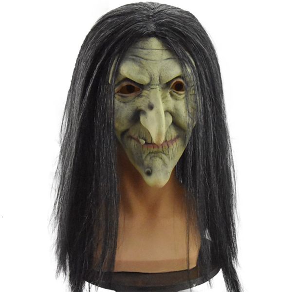 Máscaras de festa Halloween assustador velho máscara de bruxa látex com cabelo fantasia vestido careta traje cosplay adereços 230923