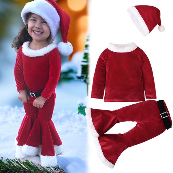 Комплекты одежды для маленьких девочек, рождественская одежда, наряды для детей, костюм Санта-Клауса, топ с длинными рукавами, брюки, шапки, комплект из 3 предметов, годичная вечеринка 230923