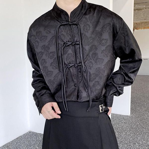Camisas casuais masculinas syuhgfa outono tendência homens estilo chinês artesanal pan botão em pé pescoço roupas manga longa cetim jacquard tops