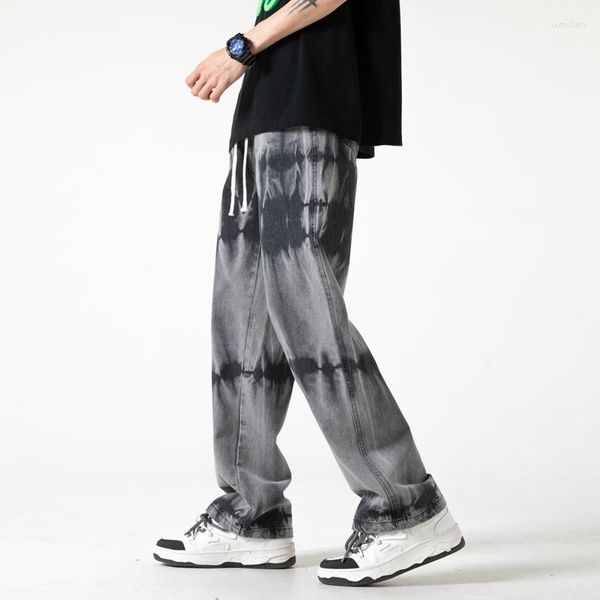 Männer Hosen Gewaschene Jeans Casual Tie-Dye High Street Gerade Breite Bein Männer Streetwear Hip Hop Elastische Taille Denim Übergroßen M-5xl