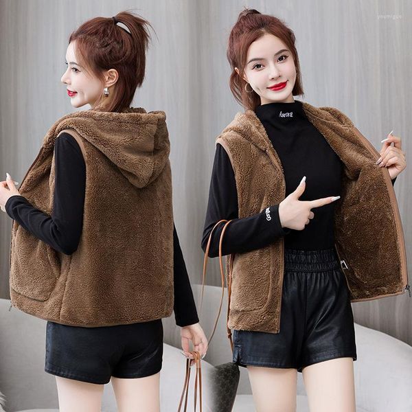 Damenwesten 2023 Doppelseitige Korallen-Fleece-Jacke Frauen Herbst Kapuzenmantel Ärmellose Tops Weibliche Weste Warme Samt-Tank-Oberbekleidung