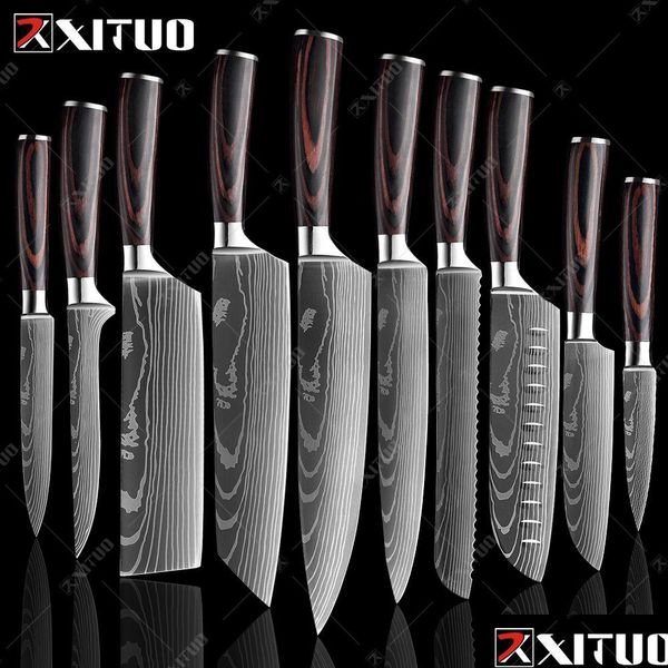 Facas de cozinha vendendo faca de chef conjunto laser padrão de damasco afiado japonês santoku cutelo corte utilitário entrega de fábrica ho dhwcc