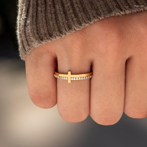Anéis de casamento vintage zircon cristal cruz para mulheres meninas orar nele anel de ouro jóias presente de natal bague