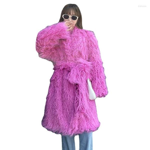 Cappotto da donna in pelliccia sintetica invernale da donna 2023 in capispalla Giacca lunga da donna in peluche da donna in agnello rosa di lusso soffice