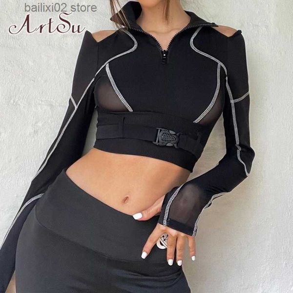 T-shirt das mulheres Preto Crop Top Buckle Bandage Patchwork Malha Sexy Camiseta Y2K Streetwear Corte Manga Longa Pulôveres Mulheres Camisetas Camiseta T230923