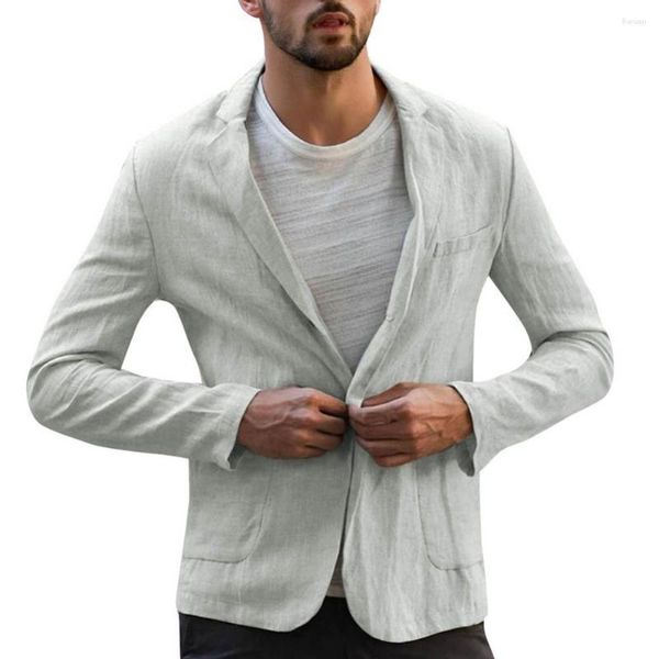 Herrenanzüge Männer Blazer Mantel Herbst Solide Langarm Taschen Baumwolle Leinen Slim One Button Freizeitjacke Für Hochzeit Kostüm Homme