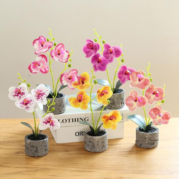 Flores decorativas de plástico borboleta orquídea flor artificial bonsai phalaenopsis pote casa festa de casamento decoração mesa plantas falsas