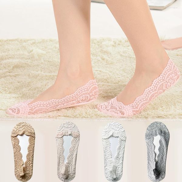 Meias femininas de algodão verão fino sexy renda moda silicone antiderrapante tornozelo invisível elástico confortável barco 5 pares