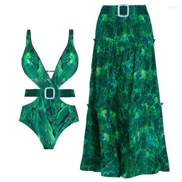 Costumi da bagno da donna stile coreano costume da bagno da bagno per le donne 2023 esterno singolo pezzo unico scava fuori legare il vestito bikini stampa nylon