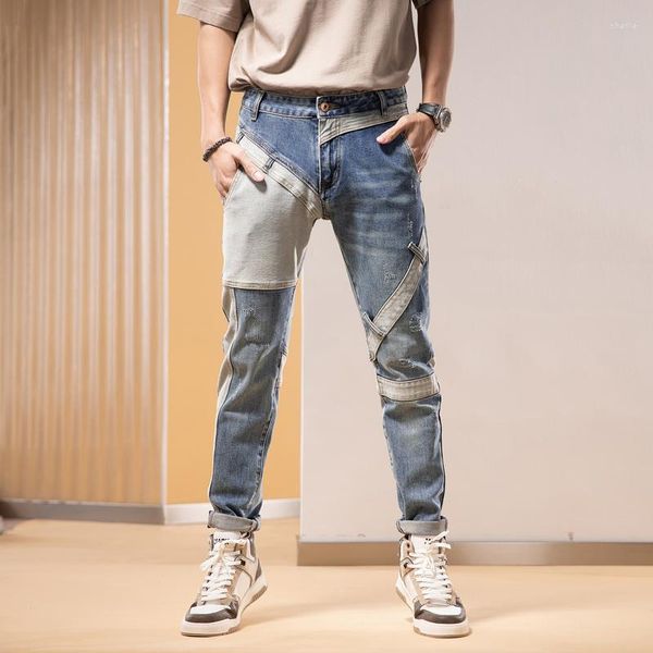 Jeans da uomo High Street Fashion Uomo Retro Blu Elastico Skinny Fit Spliced Designer Strappato Pantaloni denim Hip Hop rattoppati Hombre