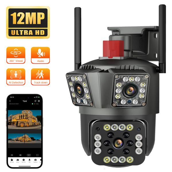 Câmeras IP Cansitum 12MP HD WIFI Outdoor Three Lens Screen Camera Auto Rastreamento Detecção de Movimento PTZ Sistema de Segurança À Prova D 'Água 230922