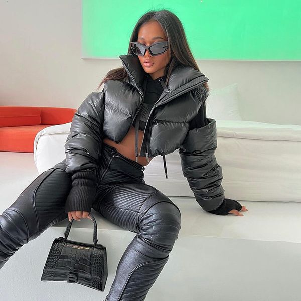 Mulheres Down Parkas Ano Droped Out Ombro Manga Longa Mantenha Casacos Quentes para Mulheres Zipper Fly Mini Moto Biker Estilo Preto Parkas Street Jacket 230923