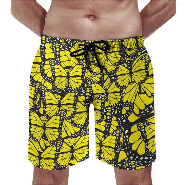 Herren-Shorts, Fitnessstudio, gelber Schmetterling, Hawaii-Badehose, Tiermotiv, schnelltrocknend, Sportbekleidung, Übergröße, Boardshorts