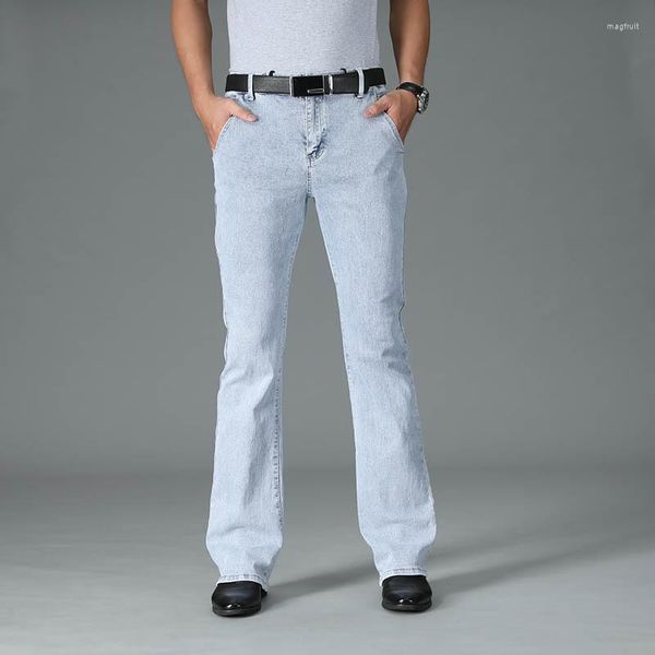 Jeans masculinos primavera outono estilo luz azul flare longo perna larga sino calça plus size desenho cintura denim bootcut calças para homens