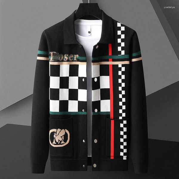 Jaquetas masculinas high end marca tendência jacquard malha jaqueta 2023 primavera e outono moda coreana casual xadrez lapela camisola casaco