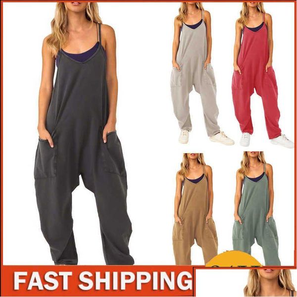 Mulheres Macacões Macacões Mulheres Macacão Verão Macacões Sem Mangas Com Bolsos Calças Largas Baggy Vintage Jump Suit One-Peça Meninas Dhmzq