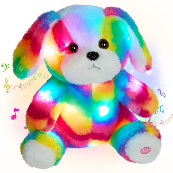 Plüschpuppen, 26 cm, Regenbogen, buntes LED-Licht, Hundepuppe, Kuscheltiere, Musik, Stofftier, Geburtstagsgeschenk für Mädchen, Kissen, Spielzeug 230922