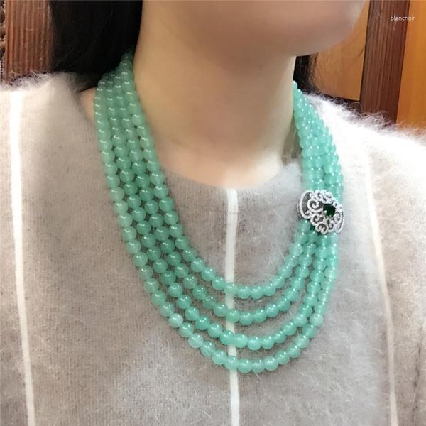 Ketten verkaufen natürliche Dongling grüne Jade-Steinperlen, mehrschichtige Mikro-Inlay-Zirkon-Verschluss-Halskette, Modeschmuck
